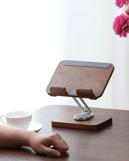 Adjustable Tablet Stand for Desk - Walnut Wood Portable Tablet Holder with Customizable Height & Angle, Sturdy Dock for iPad Pro/Air/Mini, Kindle, E-Reader, Phone & Small Laptops (Home/Office Use)