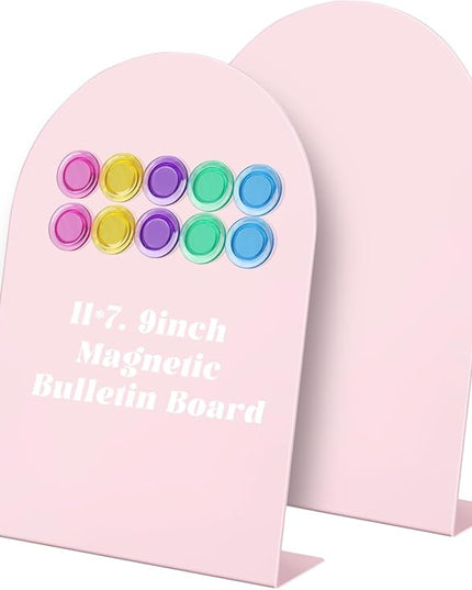 Magnet Display - 2 Pack Pink Magnetic Bulletin Board with 10 Multi-Color Magnets, 11" x 7.8" Magnet Display Board for Offices, Homes, Photos, and Documents (Arched)