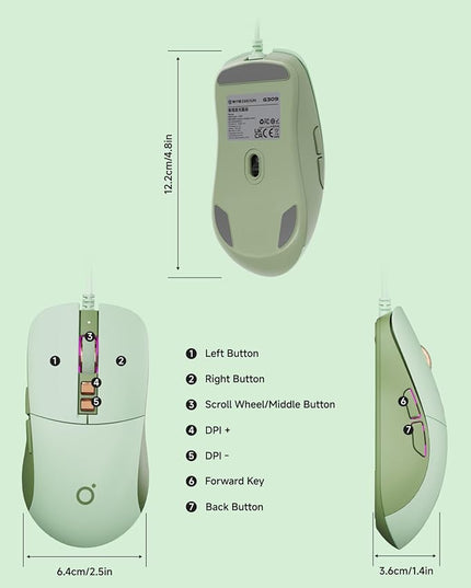 EWEADN G309 Wired Mouse, 7-Button Ergonomic Computer Corded Mouse with 2400 DPI, 4 Adjustment Levels DPI, Optical Office USB Mice with 5FT Cord for Laptop, PC, Desktop, MacBook-Green