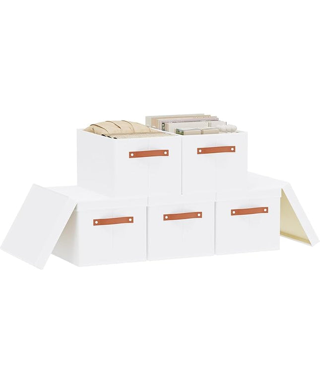 5 Pack Storage Baskets, Storage Boxes with Lids, Closet Organizers with Handles for Shoes Towels Books, White, 16.5 x 11.8 x 10.2 Inch