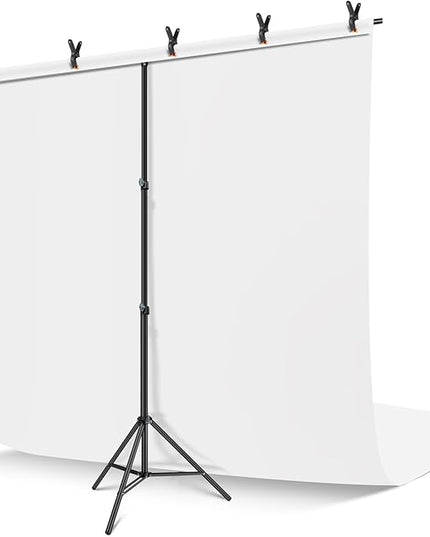White Backdrop with Stand, 6x9 ft White Photo Backdrop Curtain with 6.3x6.5 ft Background Stand, Portable Back Drop Support Kit with Carrying Bag, 5 Strong Spring Clamps