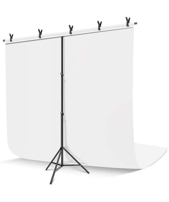 White Backdrop with Stand, 6x9 ft White Photo Backdrop Curtain with 6.3x6.5 ft Background Stand, Portable Back Drop Support Kit with Carrying Bag, 5 Strong Spring Clamps