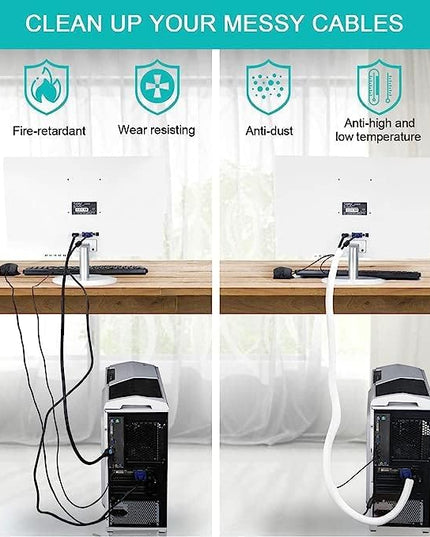 20ft - 1 inch White Cable Sleeve, Cable Organizer for Desk PC TV Computer, Wire Protector Cable Wrap Cover, Cord Management for Home Office
