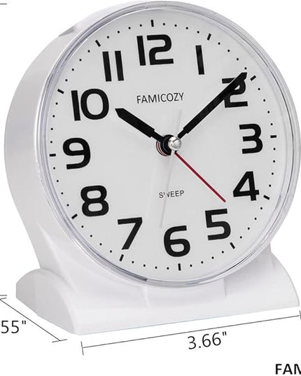 FAMICOZY 4.5" No Ticking Analog Alarm Clock,Silent Readable for Seniors,Easy to Set,Gradual Rise Alarm,Big Numbers,On/Off Switch on Side,Gentle Wake,Snooze Soft Backlight,Battery Operated,White