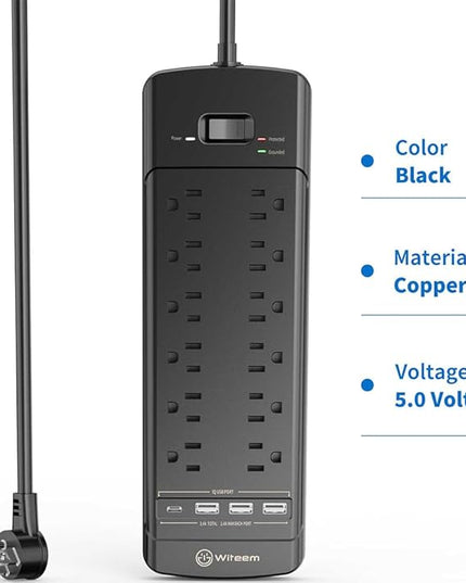 Surge Protector Power Strip - 12 Outlets,3 USB+USB-C 3.4A Ports, 6Ft Extension Cord, 1875W/15A, 4360Joules, Overload Protection - Ideal for Home & Office Use (Black-USBC)
