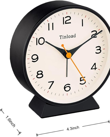 Tinload 4.5" Battery Operated Retro Analog Alarm Clock, Small Silent Bedside Desk Clock,Lighted on Demand, Battery Operated, Snooze, for Living Room, Bedroom, Bedside, Desk(Black)