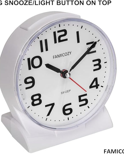 FAMICOZY 4.5" No Ticking Analog Alarm Clock,Silent Readable for Seniors,Easy to Set,Gradual Rise Alarm,Big Numbers,On/Off Switch on Side,Gentle Wake,Snooze Soft Backlight,Battery Operated,White