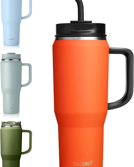 40 oz Tumbler with Handle, Insulated Tumblers with Lid and Straw, Large Metal Sports Water Bottle Jug, Thermal Stainless Steel Travel Coffee Mug Cup, Orange Red