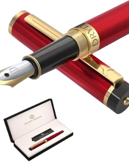 Dryden Designs Fountain Pen. Medium Nib Premium Box | 6 Ink Cartridges Included (Royal Red)