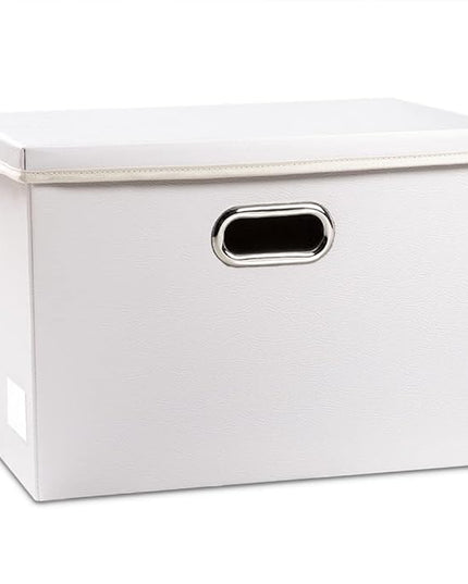 PRANDOM Large Collapsible Storage Box with Lid [1-Pack] Leather Fabric Foldable Storage Bin Organizer Container Basket Cube with Cover for Home Bedroom Closet Office Nursery White (17.7x11.8x11.8)