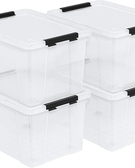 Set of 4 34 L Stackable Plastic Storage Bins with Latching Lids and Wheels, Clear Home Organization Container Box, See-Through