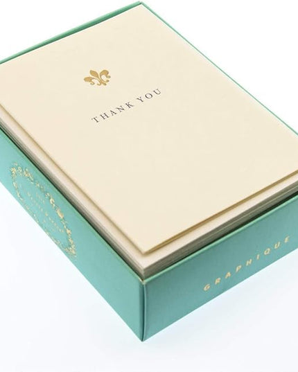 Graphique Fleur de Lis La Petite Presse Boxed Thank You Notes - 10 Embossed and Embellished Gold Foil Fleur de Lis Thank You Cards with Matching Envelopes, 3.25" x 4.75"