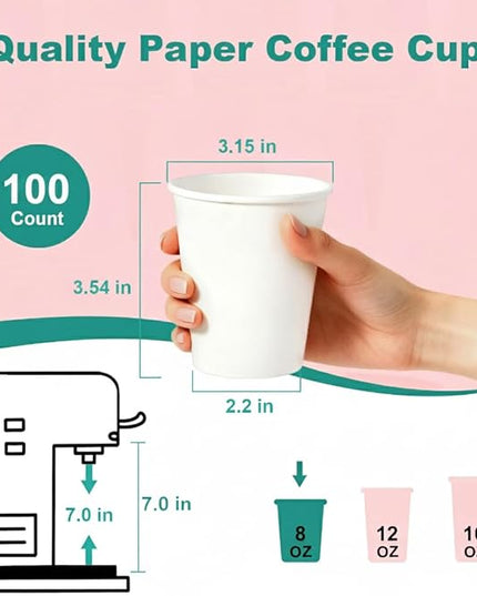 Paper Coffee Cups 12 OZ Disposable Hot and Cold Cups, Leak-Proof White Cups for Coffee, Tea, Ideal for Home, Office, and Events (100 Count)