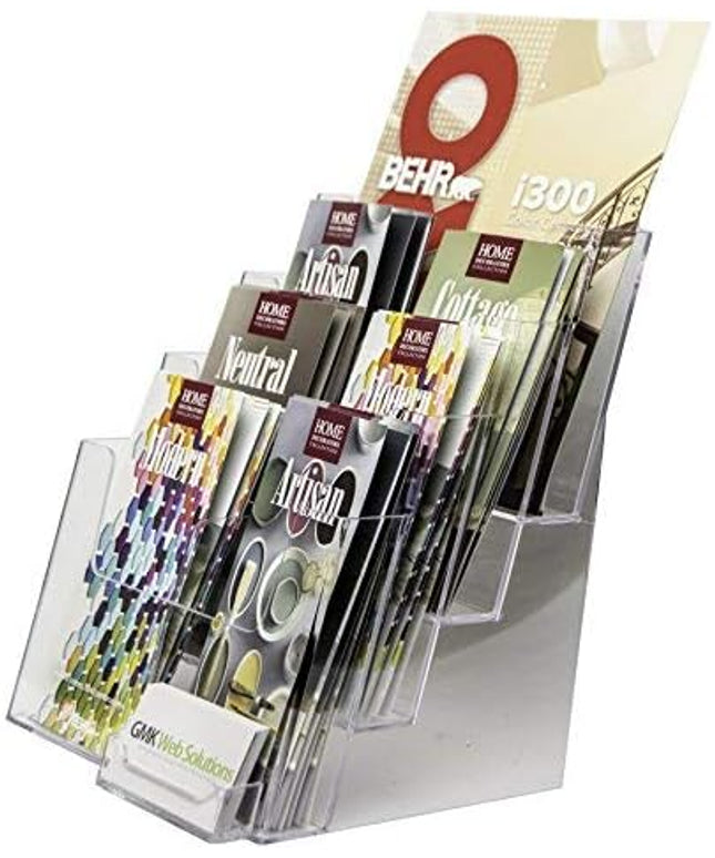 Clear-Ad - Acrylic Brochure Holder with Business Card Pocket - 4 Tier Pamphlet Holder with Removable Dividers - Desktop or Wall Mount Rack Card Holders - Flyer Display Stand - LHF-P84 (Pack of 1)