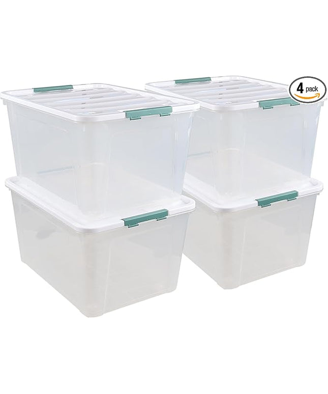 Readsky 85 Quart (21 Gallon) Clear Plastic Storage Bins with Wheels, Large Latching Boxes with Lids, 4 Packs