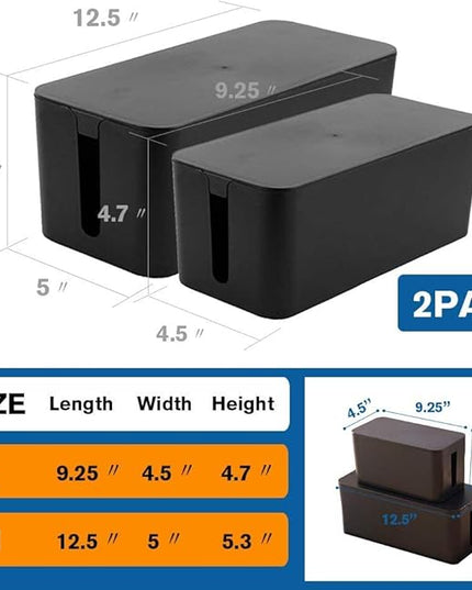 Cable Management Box Organizer, Pack of 2 Wire Concealer to Cover Hide Surge Protector & Power Strip on Desk Floor, with 5 Cord Fastening Tapes for Office, Home, Kitchen (Luxury Black)