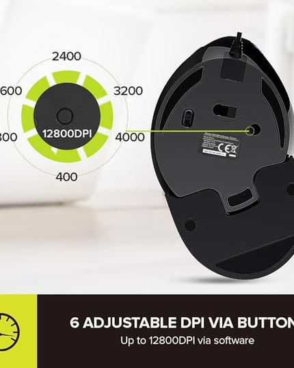 DeLUX Ergonomic Vertical Mouse, Wired Ergo Mouse for Large Hands, 6 Programmable Buttons, Up to 12800 DPI, Removable Wrist Rest, Vibrant RGB Backlit, for Windows 7/8/10/XP/Vista (M618Plus RGB-Wired)