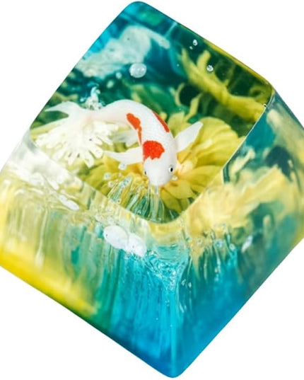 Kohaku Koi Artisan Keycap Yellow and Blue Ocean R1 SA Profile Custom Keycaps 1U ESC Handmade Gaming Resin Key Cap Cherry MX Switch Compatible Mechanical Keyboard Koi Lover Gift
