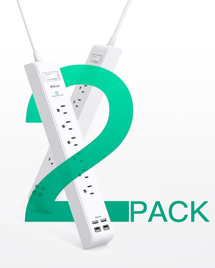 2 Pack Power Strip, 12FT Long Extension Cord, Surge Protector with 6 Outlets and 4 USB Ports (2 USB C), Flat Plug Overload Protection, Extension Cord 10+ ft, Wall Mount for Home Office Dorm College
