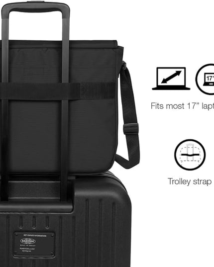 EASTPAK Delegate + – 20L Weatherproof Shoulder Bag with 17" Laptop Sleeve, Trolley Strap, Reflective Details, Adjustable Padded Strap, Tarp Black