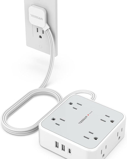 TESSAN Surge Protector Power Strip, 5 Ft Flat Plug Extension Cord with 3 USB (1 USB C) 8 Outlets, 1250W, 900J Protection, 3 Sided Outlet Extender with Power Switch for Office, Dorm Room Essentials