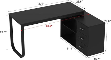 Homsee Home Office Computer Desk Corner Desk with 3 Drawers and 2 Shelves, 55 Inch Large L-Shaped Study Writing Table with Storage Cabinet - Black