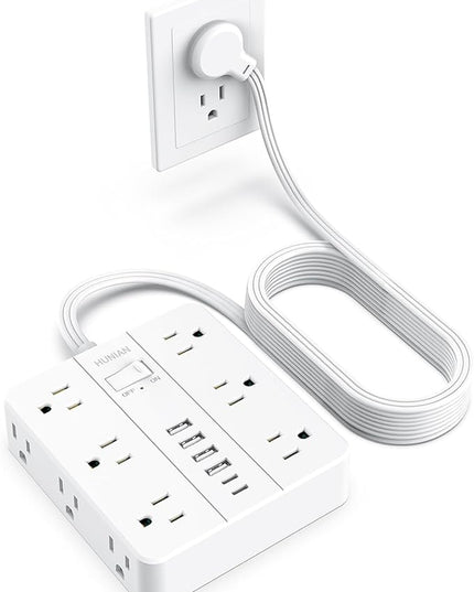 Surge Protector Power Strip 15 Ft Cord, HUNIAN Flat Plug Extension Cord with 12 Widely Spaced Outlets 6 USB Charger (2 USB C Ports), Desk Charging Station for Home Office Supplies, Dorm Room, White