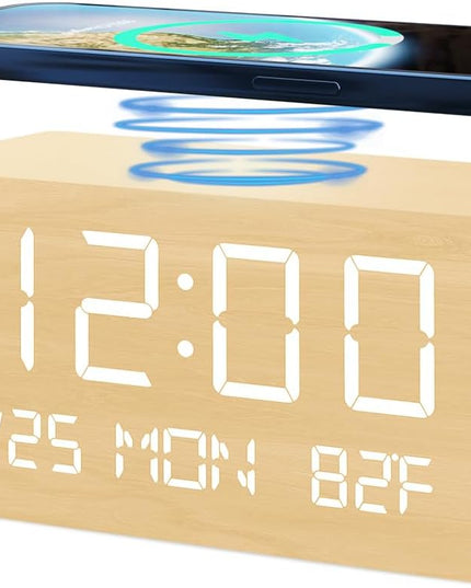Digital Alarm Clock, with Wooden Electronic LED Time Display, 3 Alarm Settings, Humidity & Temperature Detect, Wood Made Electric Clocks for Bedroom, Bedside (Yellow-Wireless)