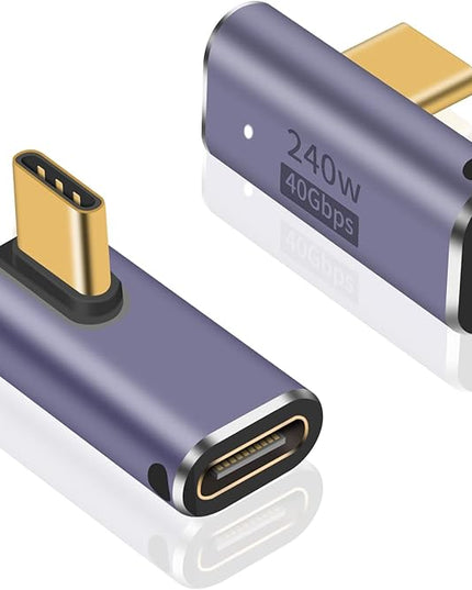 Poyiccot USB C Right Angle Adapter 240W, Right Angle 90 Degree USB C Male to Female Extender Support 40Gbps Data Transfer, 8K Video with LED Light for ipad, MacBook, Tablet, Phone, 2pcs