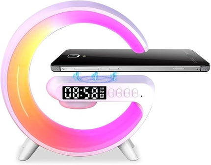 Mini Wireless Speaker with Atmosphere Light, Wireless Charging, Alarm Clock and Bedside Lamp (White)