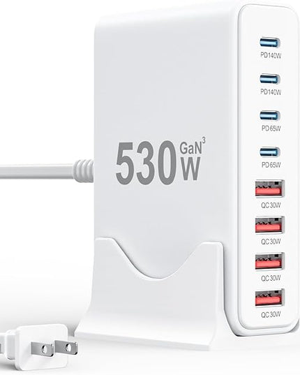 530W USB C Charger Block,8-Port USB C Charging Station GaN IV Travel Essentials Multiple Port Charging Station,100W Laptop Fast Charger Adapter for MacBook Pro/Air,DELL,iPad,iPhone,Samsung Galaxy