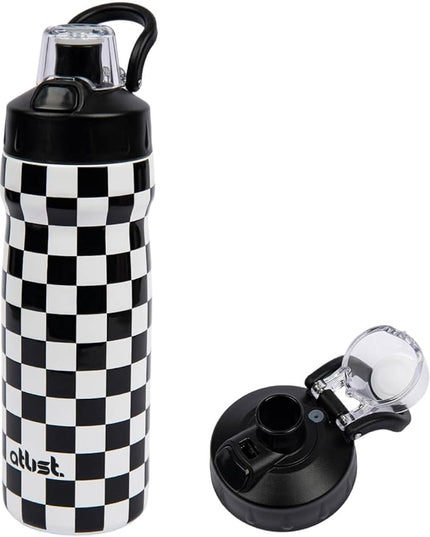 Magnetic Water Bottle with Straw 18 oz - Stainless Steel Insulated Tumbler for Gym & Bike (Fits Holders) - Leak Proof Pop-Up Lid, 2-in-1 Sip or Chug, Handle & Cute Black Checkered Print
