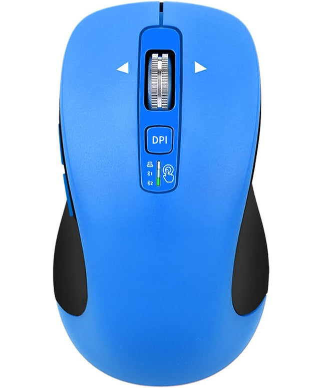 Wireless Bluetooth Mouse (USB + BT1 + BT2), Full Size, 4-Way Scrolling, Multi-Device Silent Mouse for Computer, Laptop, iPad, MacBook (Blue)