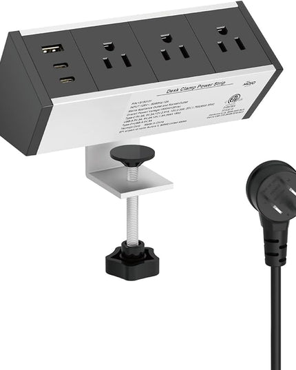 Tecmojo Desk Clamp Power Strip 3 Outlet with 1 USB A and 2 USB C Ports, 6 ft Cord, Desk Outlet Station Fit 1.6" Tabletop Edge,ETL Listed,Black