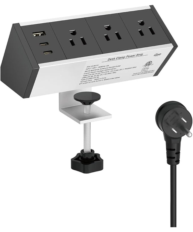 Tecmojo Desk Clamp Power Strip 3 Outlet with 1 USB A and 2 USB C Ports, 6 ft Cord, Desk Outlet Station Fit 1.6" Tabletop Edge,ETL Listed,Black