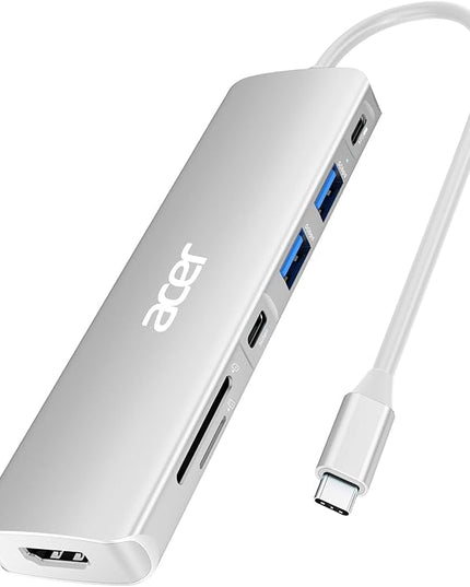 Acer USB C Dock, 7 in 1 USB-C to HDMI Hub, 2 USBA 3.1 GEN1 and 5Gbps Type-C Data Port, 4K HDMI Port, PD 100W Charging, SD Card Reader, for iPad Pro MacBook Pro Laptops and More (Silver)
