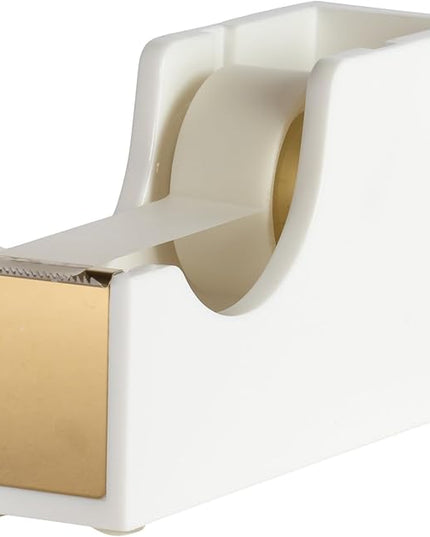 BLU MONACO White and Gold Tape Dispenser | Acrylic Desktop Tape Cutter with Smooth Blade & Weighted Non-Slip Base | Fits Standard & Large Rolls | Cute Desk Accessory for Office & Home