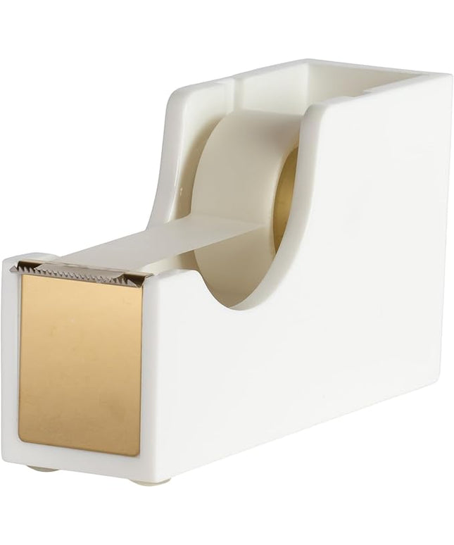 BLU MONACO White and Gold Tape Dispenser | Acrylic Desktop Tape Cutter with Smooth Blade & Weighted Non-Slip Base | Fits Standard & Large Rolls | Cute Desk Accessory for Office & Home