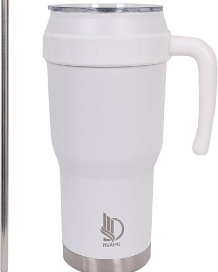 40 Oz Tumbler with Handle & Straw Lid, Insulated Stainless Steel Vacuum Flask, Double Wall Thermal Car Cup for Hot & Cold Drinks, Leak Proof, BPA Free (Off White)