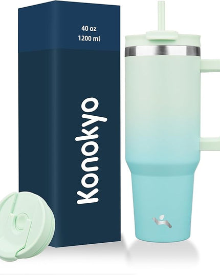40 oz Tumbler with Handle and 2 Straws,2 in 1 Lid Insulated Water Bottle Stainless Steel Travel Coffee Mug,Mint