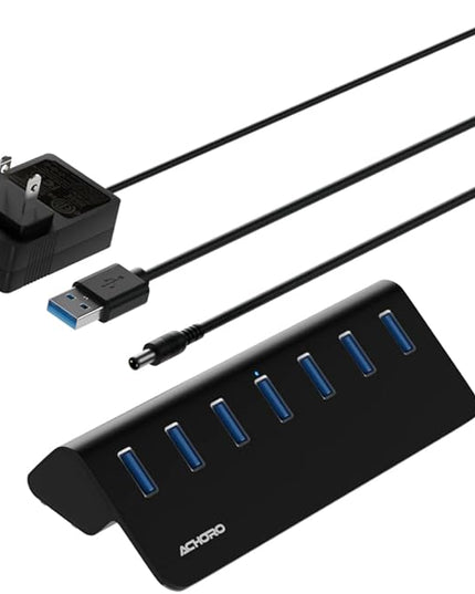 Achoro 7 Ports Powered USB HUB – 2nd Generation 10GB Super Speed External USB Port – USB 3.2 Aluminium USB Hub for Computer, Mac, PCs, Smartphone & Tablets – Computer Multiple USB Hub (Powered Black)