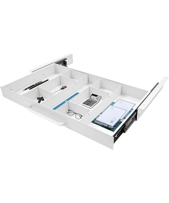 21.5" Under Desk Drawer Slide Out For Office Desk with 2 Dividers, Storage Organizer For Sit Stand Workstation, White