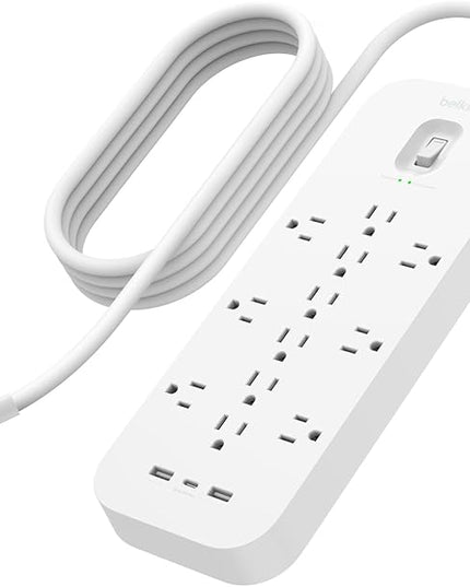 Belkin 12-Outlet Surge Protector Power Strip w/ 12 AC Outlets, 2 USB-A Ports and 1 USB-C Port, 6ft Cable, UL-listed w/ Overload & Overvoltage Protection + On/Off Switch - 3,480 Joules of Protection