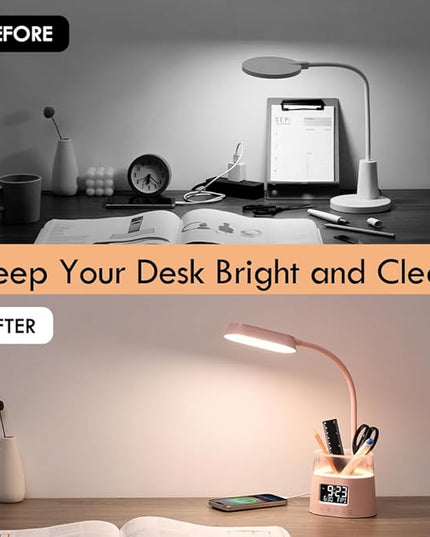 WILIT LED Desk Lamp for College Dorm Room Essentials, Students Study Lamp with Charging Station, Pen Holder, Clock & RGB Night Light, Office Desk Accessories, Table Lamp for Bedroom - Pink