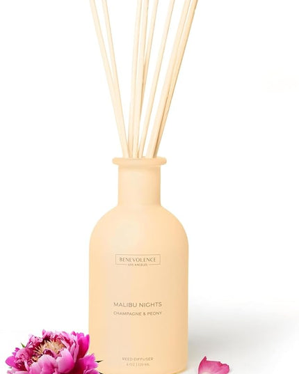 Benevolence LA Reed Diffuser - Champagne & Peony | Luxurious Home & Bathroom Decor | Long-Lasting Scent Diffusers for Home - Malibu Sands Collection