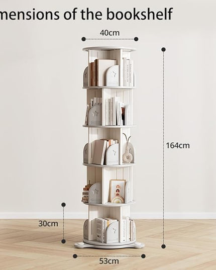 5-Tier Rotating Bookcase with Wheels, 360° Spinning Bookshelf Tower for Corner Spaces, Multi-Functional Book Display Stand & Organizer for Living Room, Bedroom, Classroom, Office - White
