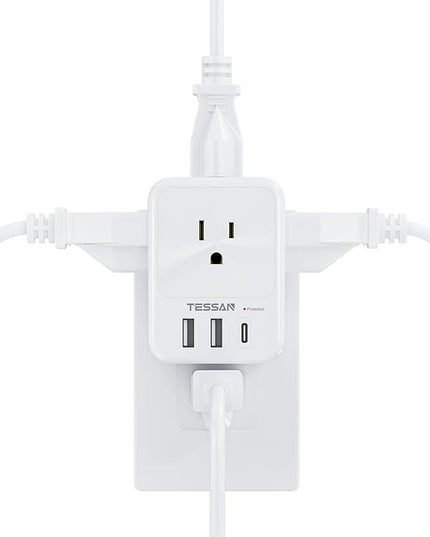 USB Charger Block, TESSAN Outlet Extender Surge Protector with USB C, 4 AC Multi Plug Wall Outlet Splitter 1875W, Electrical Plug Expander for Home Office Dorm Room Essentials, White