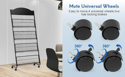 Floor Magazine Rack Brochure Stand with Wheels, Standing Literature Display Rack Brochure Holder for Home, Office, Retail Display, Black