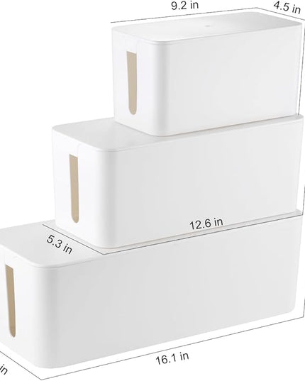 3 Pack Cable Management Box with 18 PCS Cable Management Set - Large & Medium & Small Cable Organizer Box to Hide Wires & Power Strips | TV Cord Organizer Box | for Home & Office, White