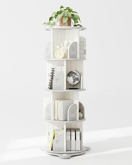 4 Tier Rotating Bookshelf, 360°Spinning Bookshelf Tower Book Display Stand, Corner Bookcase Organizer for Classroom/Bedroom/Living Room/Reading Nook (White-4Tier)